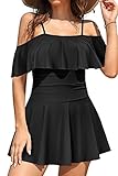SHEKINI Damen Einteiliger Badeanzug Badekleid Rückenfrei Baderock Ruched Bauchweg Bauchkontrolle Damen Strandbadeanzug Bademode Großer Größe Schwimmrock (L, Schwarz B)