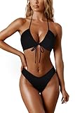 RXRXCOCO Sexy Brazilian Bikini Damen Set Triangel String Oberteil Bikini Set Tanga Bademode Schwarz Size M