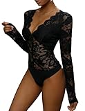 Everbellus Damen Sexy Spitze Body Anzüge Langarm Deep V Dessous Top Date Night Clubwear Schwarz Xlarge