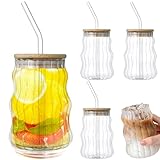 Eced Coffee Tasse 4pcs 500 ml wellige Glasbecher mit Deckel und Strohhalm hitzebeständiger Glas Kaffee Tasse mit perfektem Getränksaft-Whisky-Soda-Milch Tee