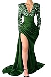 Pailletten Meerjungfrau Prom Kleider 2023 Langarm Satin Sparkly V-Ausschnitt Abend Formale Hochzeit Party Kleid mit Schlitz, Smaragdrün, 34
