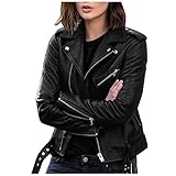 Lederjacke für Damen, Kunstleder, kurze Bikerjacke, schmale Passform, Reverskragen, Motorradjacke, Reißverschluss, Motorradjacke, Outdoor, Walking, Sport, leger, solider V-Ausschnitt, Schwarz , S