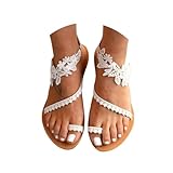 Hsternexy Sandalen Damen Sommer Flach Bequem Römer Zehentrenner Weite Sandaletten Elegant Boho Strand Riemchensandalen Flip Flops Breite Füße Leder Orthopädische Slipper mit Blumen Pantoletten
