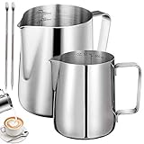 Milchkännchen Edelstahl,Tianher 2 Stück Aufschäumer Kännchen 350 ml 600ml Milchkanne aus Edelstahl Milch Pitcher Aufschäumen Krug mit 2 Stück Barista Stift Messung Mark für Cappuccino und Latté.