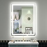 SMIROR LED-Badezimmerspiegel mit Lichtern, 61 x 81,3 cm, abgerundeter rechteckiger beleuchteter Kosmetikspiegel für Wand, Frontbeleuchtung und Hintergrundbeleuchtung, 3 Farben, dimmbar, beschlagfrei