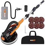 MAXXT 820W Trockenbauschleifer mit Ring-LED-Beleuchtung | Klappgriff + Verlängerungsrohr(bis 165cm) | 215mm Schleifplatte & 225mm Schleifpapier | 600-1900 U/min | six dust bag