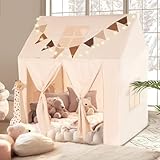 NIUEVLRS Kinderzelt mit Matte, Spielzelt für drinnen, Spielhaus für Kinder im Freien, Kinderspielzelt mit Fenstern und Aufrollbarer Tür für Jungen und Mädchen, Lichtern und Flaggen, 132 x 90 x 132 cm