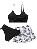3-teiliges Bikini-Set mit Knoten, mit Röcken, Spaghettiträgern, Strand-Badeanzug, Bademode, Mädchen-Badeanzug, Badeanzüge, Größe 8, 9, 10-12, 12-14, 15, 16 Jahre, Schwarze Kokosnussbaum, 11-12 Jahre