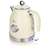 Retro Wasserkocher mit Temperaturanzeige - Vintage Wasserkocher Creme Edelstahl mit Thermometer - 2.200 Watt 1,7 Liter - kabellos BPA Frei Nostalgie Design Teekocher - Wasserstandsanzeige