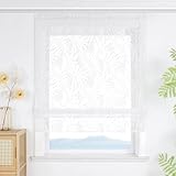 ESLIR Raffrollo mit Klettband Ausbrenner Weiß Raffgardinen Landhausstil Transparent Gardinen Wohnzimmer Bändchenrollo für Fenster ohne Bohren BxH 100x140 cm 1 Stück