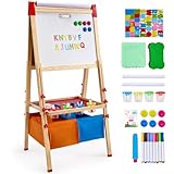 VEVOR Kunststaffelei für Kinder, 3-in-1-Kunststaffelei aus Holz, doppelseitig, mit magnetischem Whiteboard, Kreidetafel, Papierrolle, verstellbarem Zeichenbrett mit Malzubehör, für Kinder ab 3 Jahren