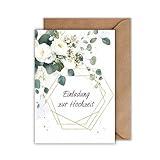 WBdesignz 10er Einladung Karte Hochzeit mit Umschlag - Einladungskarte zur Hochzeitsfeier Gold Eukaliptus Floral Pfingstrosen Schleierkraut Trauung Brautpaar Liebe Verlobung Hochzeitskarte (DIN A6)