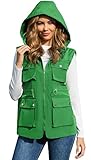 PESION Packbare Militär-Weste für Damen, Oberbekleidung, wasserdicht, Windjacke, Cargo-Weste mit abnehmbarer Kapuze, Grün, M