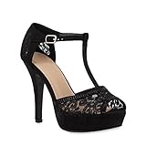 stiefelparadies Damen Pumps Plateausandaletten Spitze T-Strap Sandaletten Party Schuhe 111303 Schwarz Spitze 37 Flandell