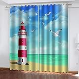 YUSHUO Thermo Vorhänge Hitzeschutz Blickdicht Mit Ösen Strand Roter Leuchtturm 260X220Cm Vorhang Verdunkelung Gardinen Wohnzimmer Kinderzimmer Junge Mädchen Lichtundurchlässige Abdunkelnde Vorhänge