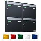 AL Briefkastensysteme Basic 4er Briefkasten RAL 7016 Anthrazit Grau/Einwurfklappe RAL 9006 Weiß Aluminium 4 Fach DIN A4 wetterfest mit Posthaltebügel und 2 Namensschildern