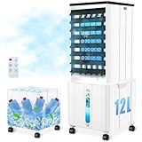 Klimagerät ohne Abluftschlauch, 12L 60W Klimaanlage Mobil mit 12H Timer, 3 Modus, 40dB, 120°Oszillation, Abnehmbare Wassertank, Fernbedienung, Leise Luftkühler Air Conditioner für Wohnung Zimmer Räume