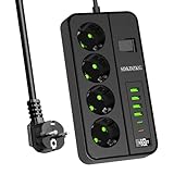 SDKDZKG Mehrfachsteckdosen, Steckdosenleiste 4-Fach mit Steuerschalter (13A/3000W), Steckdosen mit 4 USB-A 2 USB-C Ladeanschluss (3,1 A/5V), Steckdosenadapter 3M Kabel, für Büro Hause Reisen (Schwarz)