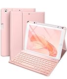 Vobafe Hülle mit Tastatur Kompatibel für iPad 9./ 8. /7. Generation 10.2 Zoll mit Stifthalter, Magnetisch 7 Farben Beleuchtung, Wiederaufladbar Abnehmbarer QWERTZ iPad Tastatur, Rosa