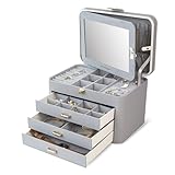 KAMIER Schmuckkästchen für Damen, große Schmuckschatulle mit 4 Ebenen, Schmuckbox mit Spiegel und Schloss, Griff Schmuckkästchen für Ringe, Ohrringe, Halsketten, Armbänder