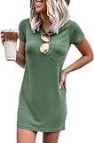 Imily Bela Damen Kleider Sommer Kurzarm T Shirt Kleider Rundhals Mini Freizeitkleider Basic mit Taschen(Armee grün,L)