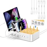 VisionSync Bamboo 60W 6-Port USB-C-Ladestation für mehrere Geräte, PD-Ladedock mit 3 AC-Steckdosen, 3 USB C, 3 USB A, 2m Netzkabel für lPhone,lPad,Tablets... (6 gemischte Kabel), Weiß