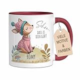 Personalisierte Kindertasse aus Keramik mit Namen | Tasse mit Retro Tier-Motiv als Geschenk für Jungen & Mädchen zu Geburtstag, Einschulung (Reh, Bordeaux)