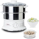 Tefal Dampfgarer elektrisch, 2 Edelstahlbehälter, 6L Fassungsvermögen, Dampfkocher mit 24cm Durchmesser, Timer und automatische Abschaltung, 900W, weiß, VC1451
