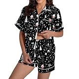 YIzdegg Schlafanzug Damen Satin NachtwäSche Damen Druck Nightwear Homewear Hausanzug 2-Teilig Kurzarm Oberteil Und Kurz Hose Christmas Pajamas Weich Sleepshirt üBergrößE Sleepwear Women's Pajamas