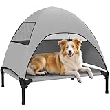 PawHut Hundeliege Outdoor mit Dach, Erhöhtes Hundebett für Mittelgroße Hunde, Kühlendes Haustierliege mit Waschbares Mesh Metallrahmen Tragtasche, Haustierbett für Draußen Camping 76x61x71cm, Hellgrau