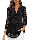 Vafoly Damen Oberteile und Blusen 3/4 Arm Damen Elegant Business Casual Tops Professionelle Arbeit Hemden für Frauen Büro V-Ausschnitt Mesh Langarm Bluse Beflockte Schwarze Blumen M
