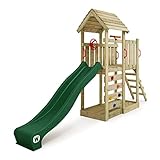 WICKEY Spielturm Klettergerüst JoyFlyer mit Holzdach & grüner Rutsche, Outdoor Kinder Kletterturm mit Sandkasten, Leiter & Spiel-Zubehör für den Garten