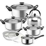 Retoo Kochtopfset 12-teilig aus Edelstahl, Töpfe mit Glasdeckel, Kochtöpfe mit ergonomischen Griffen, Topfset für alle Herdarten, Spülmaschinengeeignet, silber-schwarz