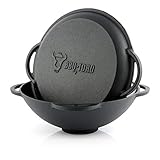 BBQ-Toro Gusseisen Kazan mit Deckel | 12 Liter | Traditioneller Gusstopf | Kasan mit abgeflachtem Boden, Grillwok preseasoned-bereits eingebrannt | Schmortopf zum Kochen, Schmoren, Braten, Frittieren