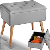 tectake® Hocker mit Stauraum, Sitzhocker mit Stauraum, Aufbewahrungsbox mit Deckel, Fußhocker in Leinenoptik, Hocker Holz Beine, als Sitzbank Flur, im Wohnzimmer oder Schlafzimmer - hellgrau