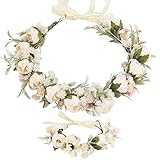 Blumenkranz Blume Krone Stirnband, Rose Braut Haarschmuck mit Armband-Set, GuKKK Blumenstirnband Verstellbarer Gürtel, Haarbänder Floral Girlande, für Damen Hochzeit Zeremonie Festival Party Strand