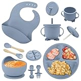 TTSTOIEE Kindergeschirr aus Silikon, Kinderplatte Zbaby mit Saugnapf zhe 8 Teil BPA Kostenlos Esslöffel Gabel Bowl Bib Cup Drinking Learning Cup (Grau Blau)