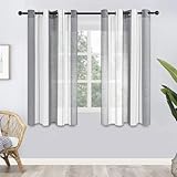 MRTREES Voile Gardinen Kurz Vorhang Halbtransparent Streifen Stores Schals mit Ösenschal Moderner Wohnstil Weiß+Grau 145×140cm (H×B) für Dekoration Kinderzimmer Wohnzimmer Schlafzimmer 2er-Set