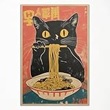 Vintage Japanische Katze Leinwand Wandkunst, Schrulliges schwarzes Katzen essendes Ramen Poster, Retro Lustiges Tier Essen Kunstdruck, Einzigartige Küche Esszimmer Wanddekoration 30x40cm ungerahmt