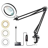 Ricyea Led Lupenlampe, 10X Lupenleuchte mit Klemme, Leselampe 3 Farbemodi, 10 Helligkeitsstufen Dimmbar Schreibtischlampe mit Lupe für Lesen, Hobbys, Basteln, Senioren (Schwarz)