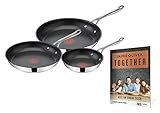 Tefal Jamie Oliver by Cook's Direct On Pfannen-Set 20/24/28 cm, Rezeptheft, Antihaft, Induktion, Backofenfest, Edelstahl, Genieteter Griff, E304S3.TOG