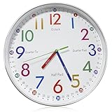 Kinder Wanduhr, 30cm Lernuhr Wanduhr für Jungen und Mädchen, Quartz Lautlos Kinder Wand Uhr ohne Tickgeräusche, Bunt Zahlen Lernuhr, Lautlose Dekouhr Kinder für Kinderzimmer Kindergarten Schule