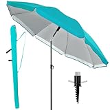 Menz Sonnenschirm Strand 3-IN-1 Set, Türkis - Strandschirm windfest stabil Ø 180 cm, praktischer Sonnenschirm Strand mit UV-Schutz 50+, Strandschirm mit Bodenhülse & Schutzhülle