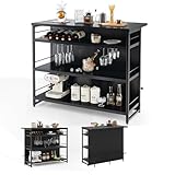 KOMFOTTEU 2 in 1 Bartisch mit stauraum, Barschrank Hausbar mit 4 Ebenen Weinregal & Glashalterung, Highboard Thekebar mit verstellbare Füße, 120 x 60 x 101 cm (Schwarz)