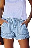HVEPUO Damen Mittlerer Aufstieg Denim Kurze Hose Lässige gebrochene Kante Used Look Blue Quaste Jeans Shorts Kurze Blau gewaschen S