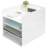 Aevcvok 4 Stück Weiß Briefablage A4 Stapelbar, Schreibtisch Ablagefächer, PET Dokumentenablage A4, Bürobedarf, Papierablage, Schreibtisch Organizer Ablage für Büro Office Zuhause