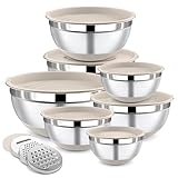 BEWOS Rührschüssel mit Deckel 7-teilig, Edelstahl Rührschüsseln mit Reibe, Nesting Design & Khaki Rutschfeste Böden Rührschüssel, Größen 0.5, 1, 1.4, 1.85, 2.35, 3.2, 4 L zum Mischen&Servieren