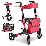 Juskys Rollator Vital rot - Gehhilfe faltbar & leicht aus Aluminium bis 130 kg - Laufhilfe höhenverstellbar mit Sitz, Tasche & Regenschirmhalterung