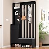 Merax Garderobe Set, Flurgarderobe mit gepolsterter Aufbewahrungsbank, multifunktionaler Flur-Schuhschrank mit Stecktafel und 4 Haken für Eingangsbereich, Waschküche, Schwarz, H180/B100/T35 cm