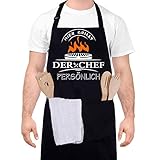 upain Grillschürze mit Spruch personalisierbar -Hier grillt der Chef persönlich, Lustig Schürze Baumwoll Kochschürze Zwei Fronttaschen, Geburtstag Männer Geschenkideen für Herren